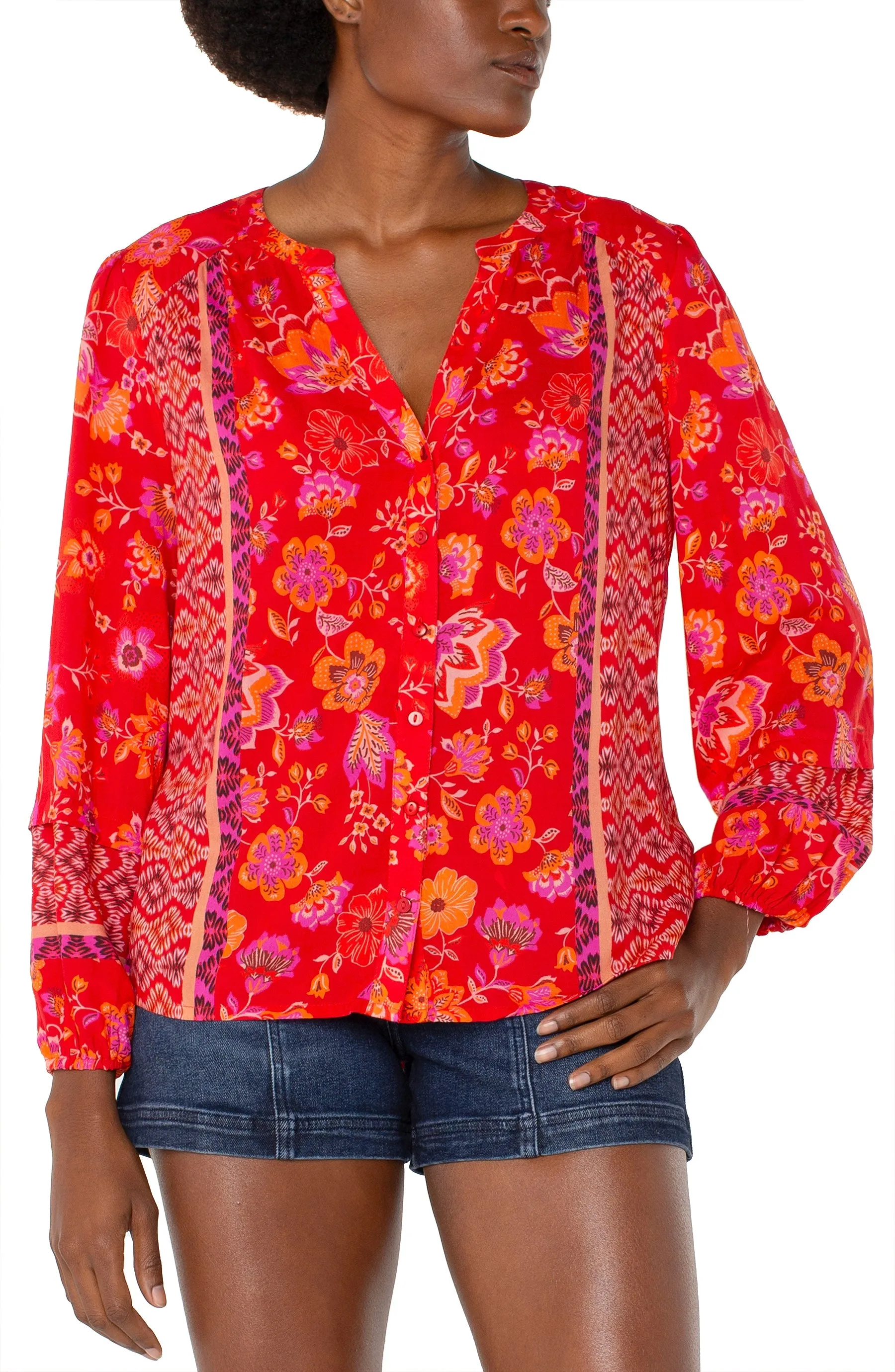 Button Front Shirred Blouse