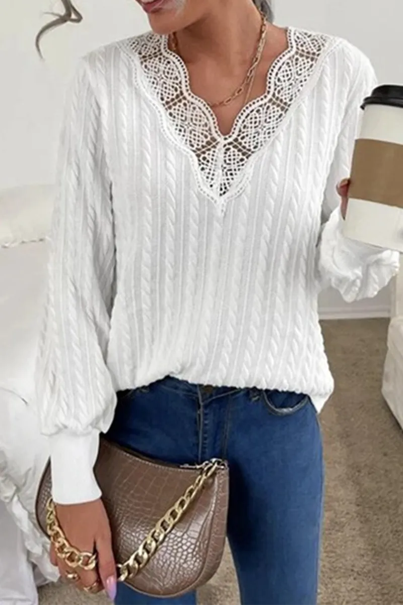 Casual Elegant Solid Lace Split Joint V Neck Tops Sweater