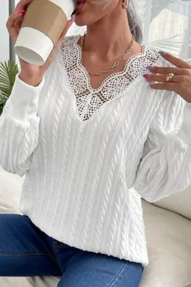 Casual Elegant Solid Lace Split Joint V Neck Tops Sweater