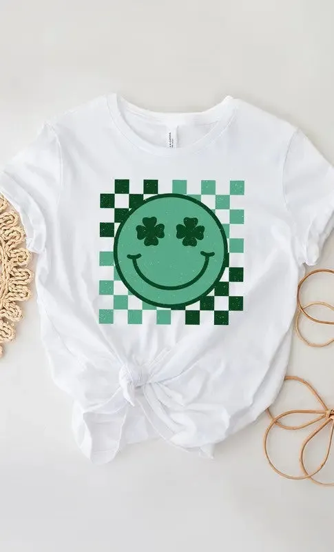 Checkered Clover Smiley St Patricks Graphic Tee
