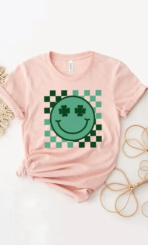 Checkered Clover Smiley St Patricks Graphic Tee