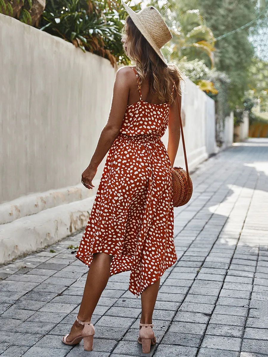 Cowl V Neckline Sleeveless Polka dots Boho Dress