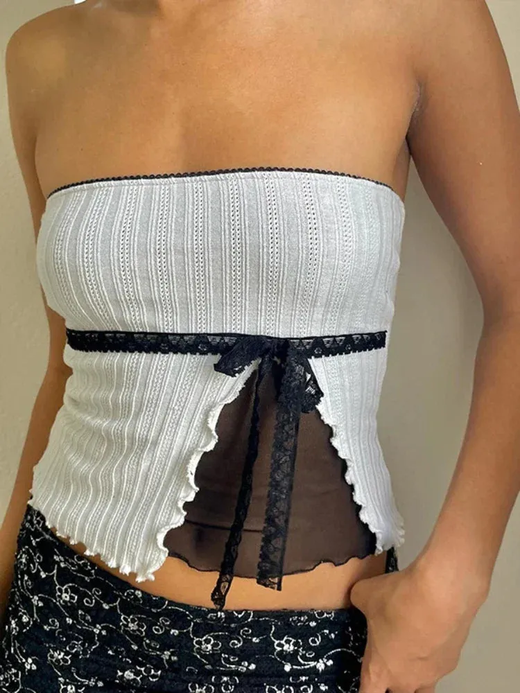 Crop Sleeveless Bow Bandage Short Femme Cute Sexy Slim Backless Ladies Top