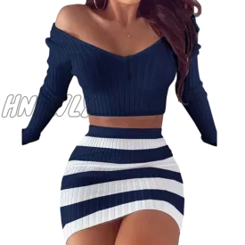 Hnewly Sexy Women Suits Skirt 2 Piece Set Crop Top Striped Off Shoulder Outfit Slim V Neck Party Mini Dress Bodycon Female Clothes Pretty Girl Outfits