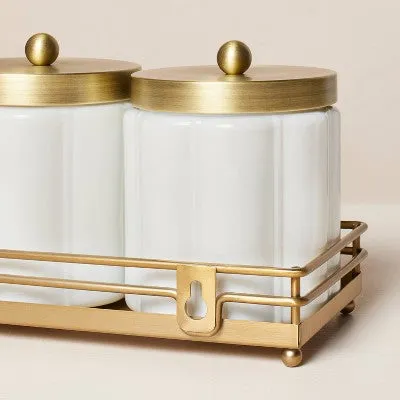 New - Milk Glass Bath Canister Set White/Brass with Wall-Mounting Kit - Hearth & Hand with Magnolia