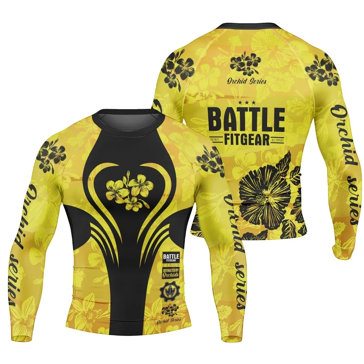 Orchid Series Floral Yellow Heart Pattern Men's Long Sleeve Rash Guard