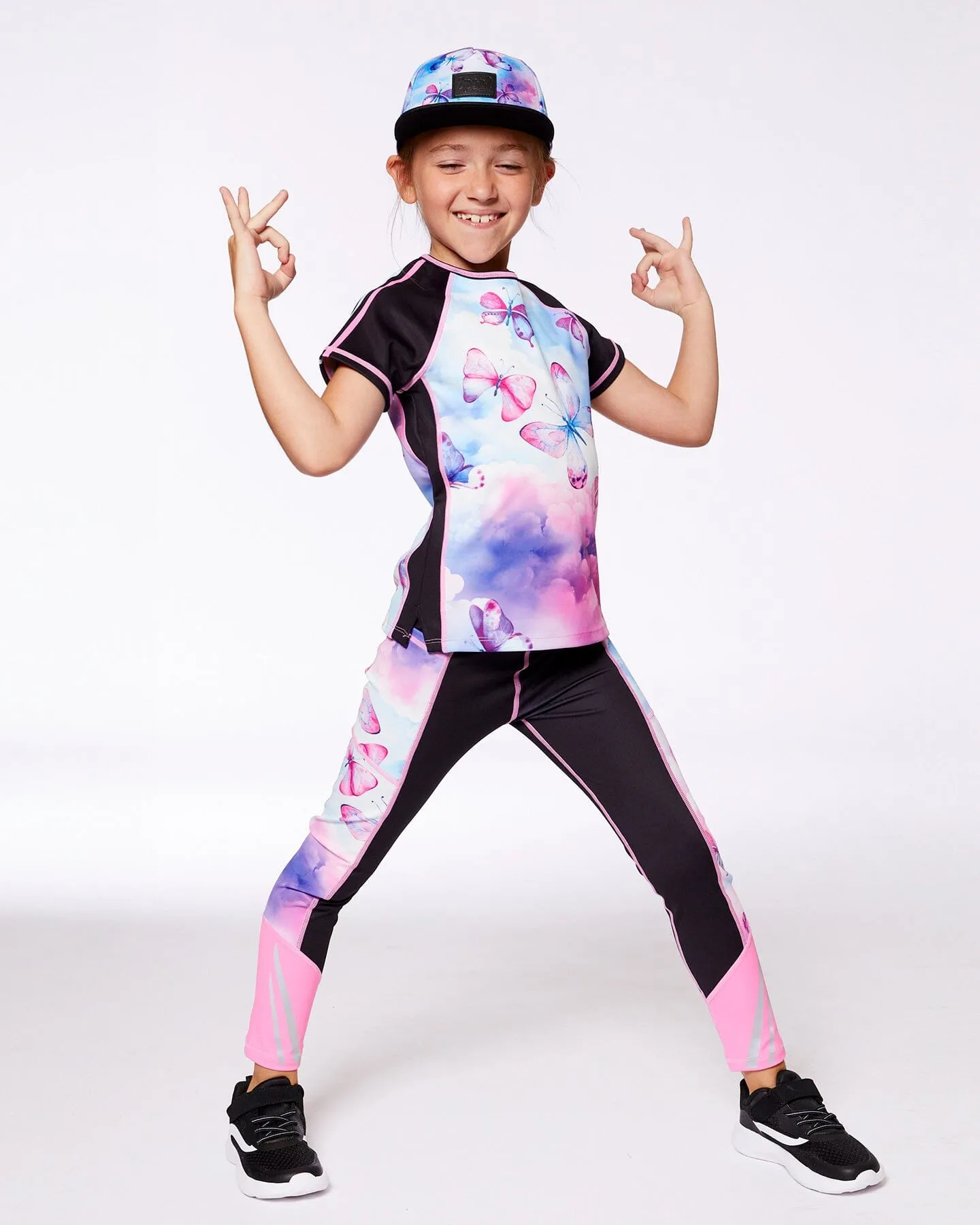 Printed Short Sleeve Athletic Top Pink, Black And Butterfly