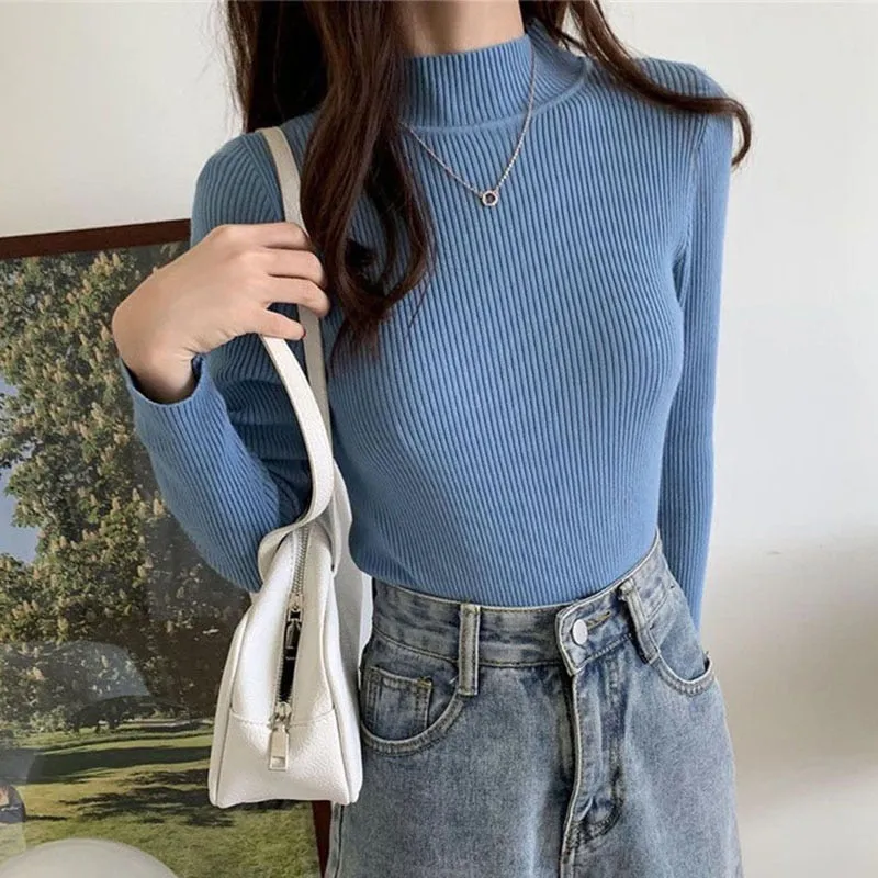 Pullover Women Sweater Autumn Elastic Solid Knitted Female Jumper Long Sleeve Winter Korean Female Basic Tops